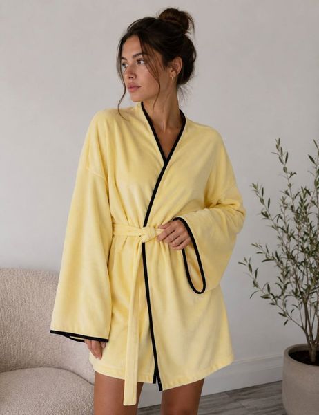 Жіночий велюровий жовтий халат кімоно 100% бавовна S/M&ndash;L/XL Код: 1140__S/M фото