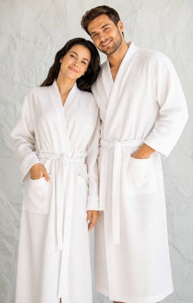 Вафельный парный халат унисекс белый 100% хлопок S/M&ndash;2XL/3XL Код: 1120_S/M фото