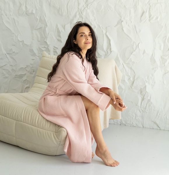 Женский вафельный халат 100% хлопок розовый Код: 1121_S/M фото