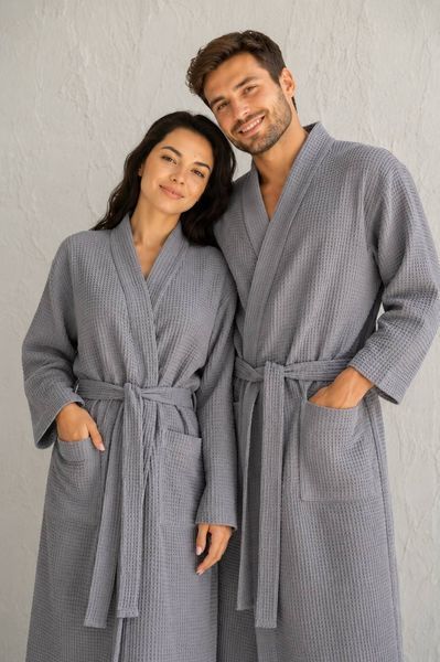 Вафельний парний халат унісекс сірий 100% бавовна S/M&ndash;2XL/3XL Код: 1124_S/M фото